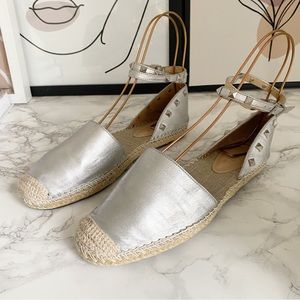 Schutz Koralina Silver Metallic Espadrille Flats Studded Ankle Straps